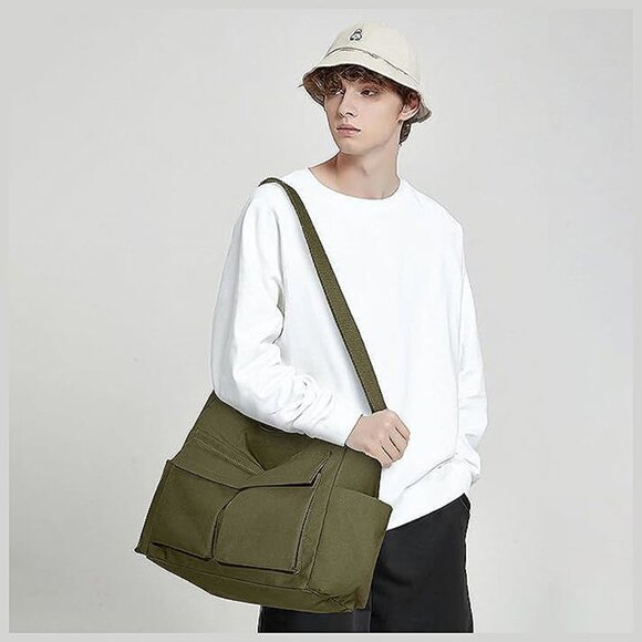 Canvas Tote Bag Messenger Bag, Large Crossbody Bag Army Green - Picture 8 of 9